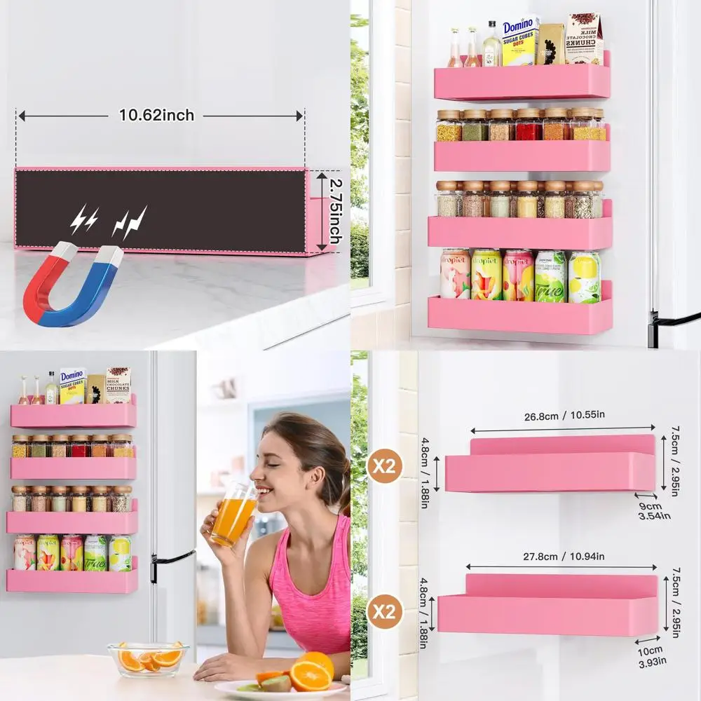 

Розовые магнитные стойки для специй из 4 штук, кухонный органайзер для холодильника и полки для хранения