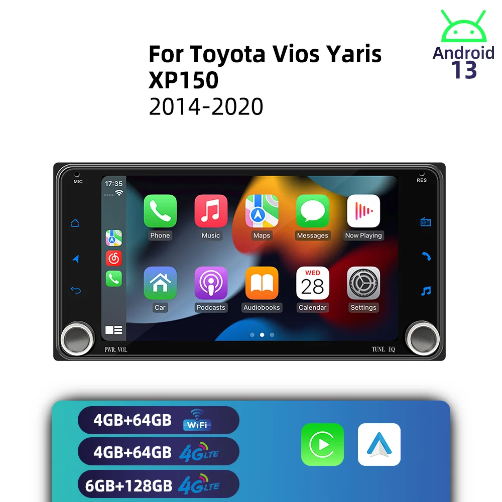 

Head Unit with GPS, Wireless Carplay, Stereo & Navigation 7" Screen 2Din Android Car Radio for Toyota Vios Yaris XP150 2014-2020