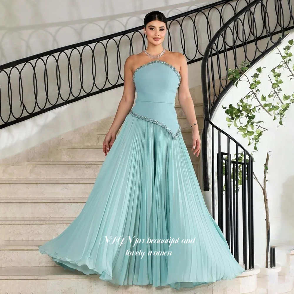 NFYN Strapless Prom Dress with Pleats Beading Evening Dress for Women A Line Formal Occasion Dress vestidos de fiesta Customized