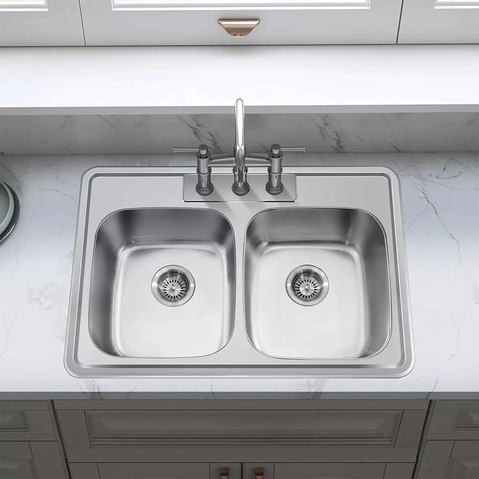 

33'' x 22'' Drop In Stainless Steel Kitchen Sink, Top Mounted Deep Sink Double