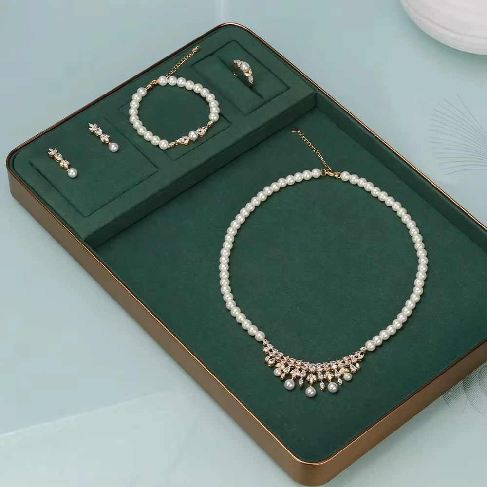 

JEWEL Luxury Fashion Pearl Tassel Necklace 4 PCS High Quality Cubic Zirconia For Women Wedding Party Jewelry Set Gift