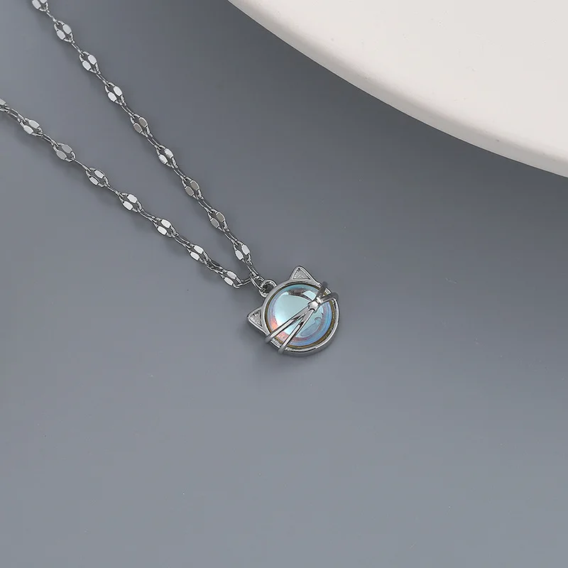 VOQ Silver Color Simple Moonstone Cat Pendant Necklace Ladies Clavicle Chain Necklace Fashion Jewelry