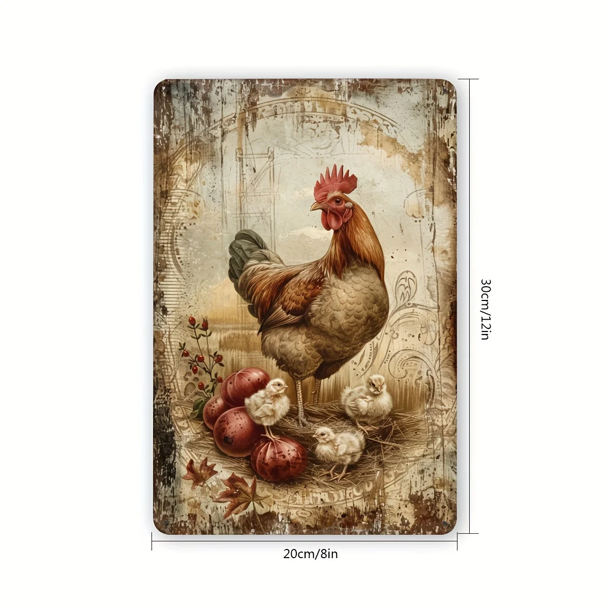 A Vintage Farmhouse Metal Sign Featuring a Rooster And Chick, Perfect for Home, Café, Or Restaurant Decor, Measuring 8X12 Inches