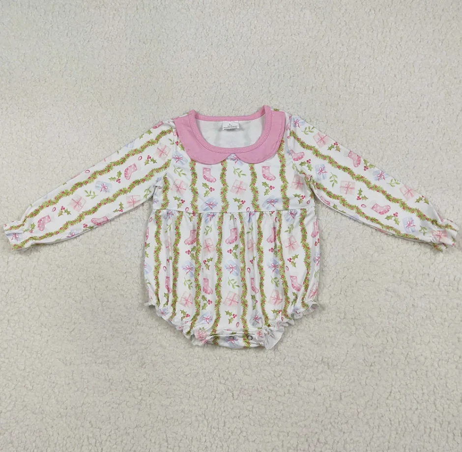 

Christmas Gifts Floral Stripe Ruffle Rompers Fall Winter Toddler Girls Bubbles Kids Rompers