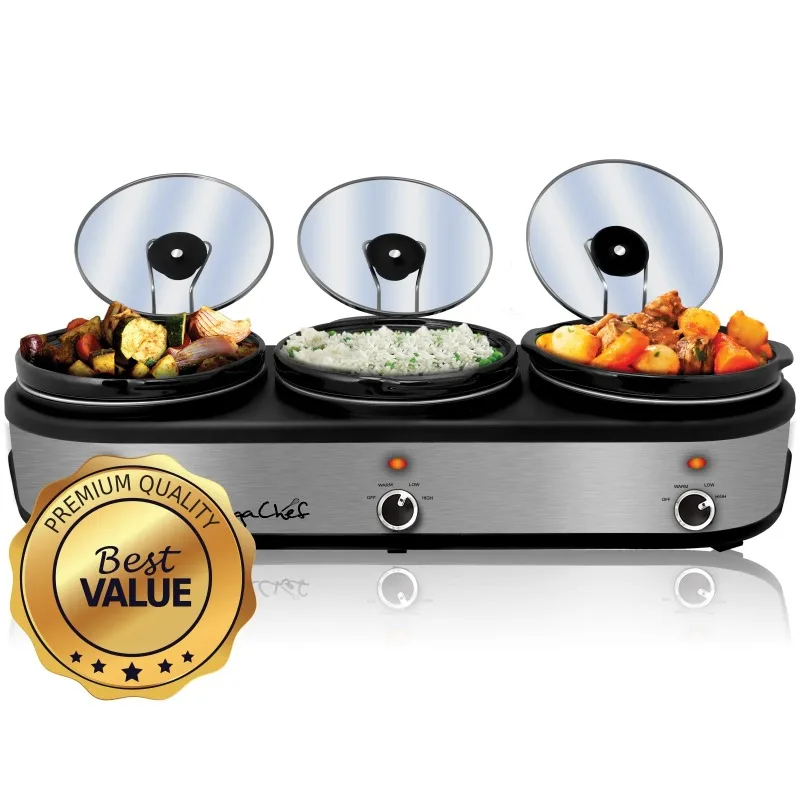 

MegaChef Triple 2.5 Quart Slow Cooker and Buffet Server in Brushed Silver and Black Finish with 3 Ceramic Cooking Pots