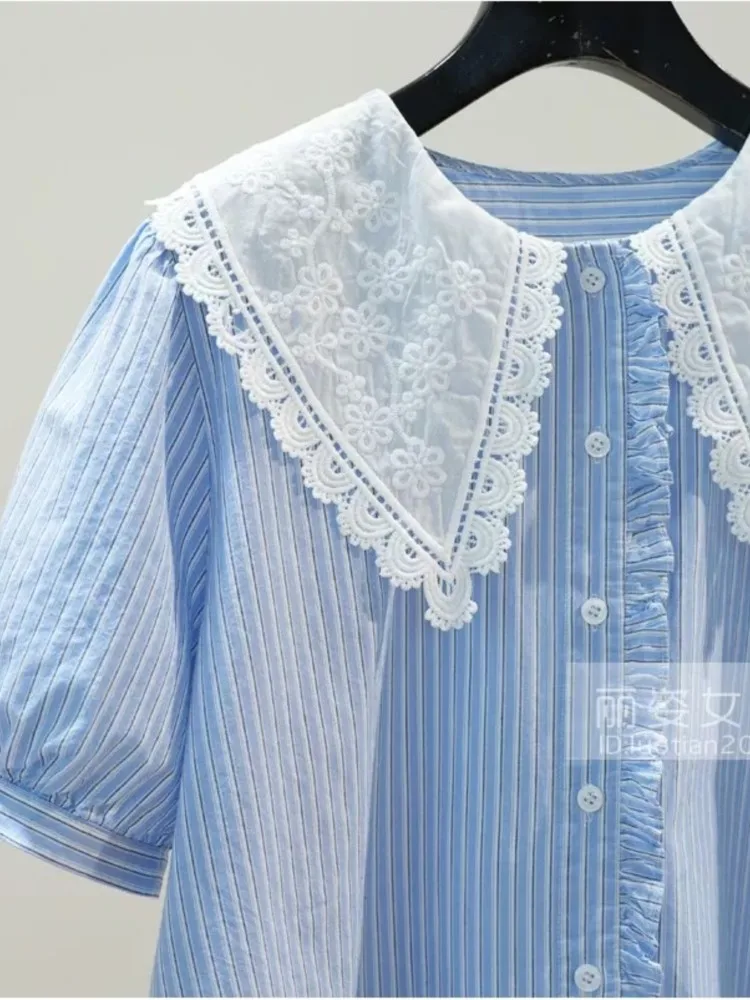 الصيف الدانتيل الأزرق الأبيض منقوشة رقيقة القطن البلوزات بيتر بان طوق قصيرة الأكمام الحلو قصيرة فضفاضة قمصان السيدات قمم