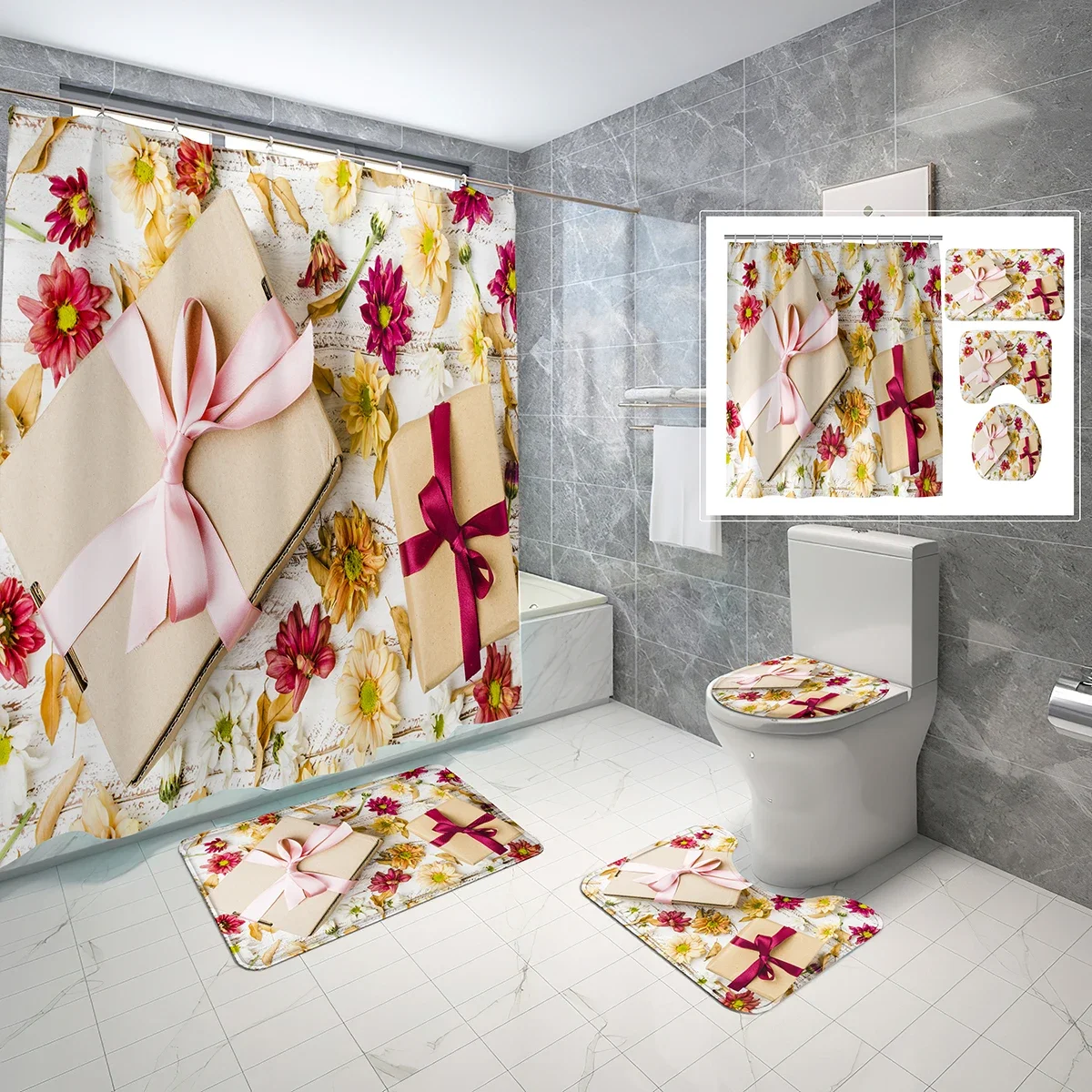 

4 Pcs Set Gift Box Theme Shower Curtain Sets with Non-Slip Bath Mat,Toilet Lid Cover and Holiday Gift Style Shower Curtain Set