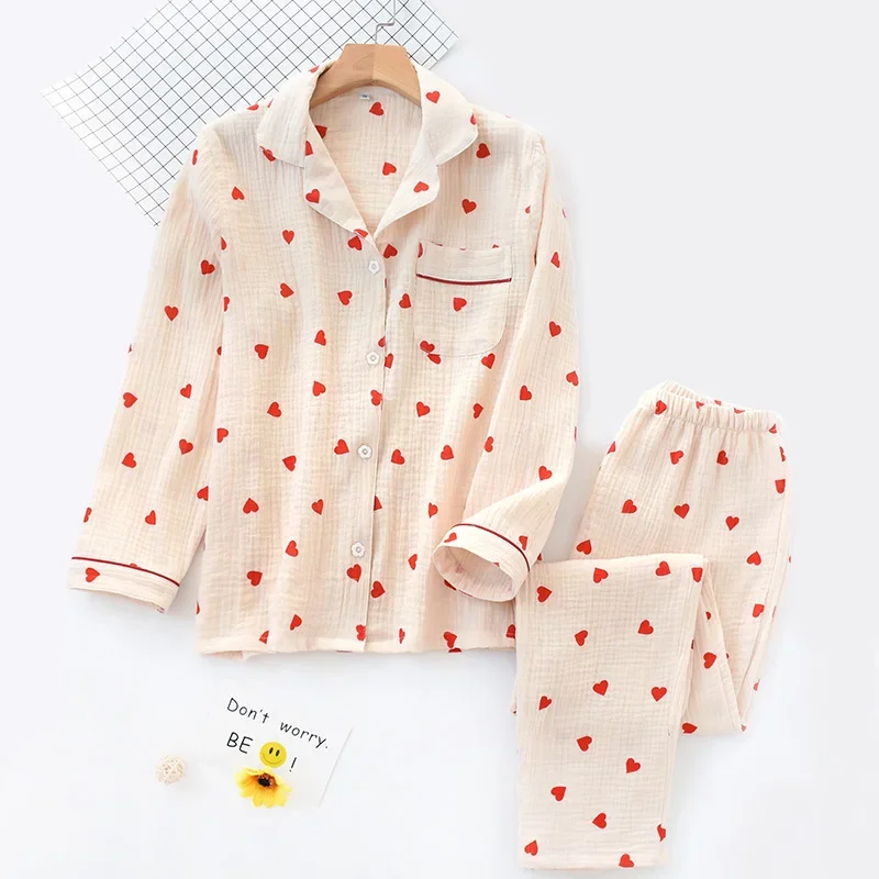 Ladies Pajamas Set Heart Printed Crepe Cotton Double-layer Gauze Turn-down Collar Long-sleeve Trousers Household Wear Spring