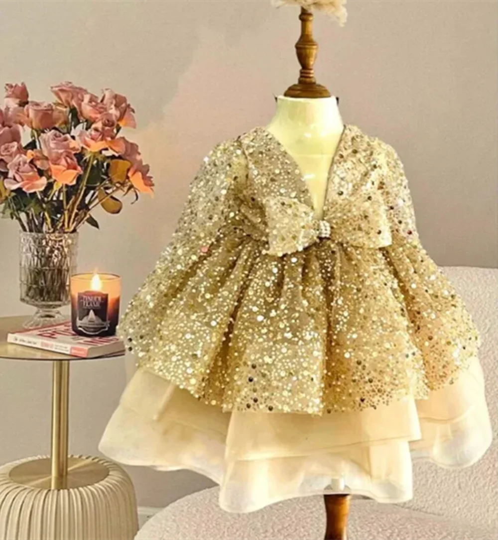 Customized Gold Flower Girl Dresses For Wedding Sequins Full Sleeves With Bow Holy Children First Communion Photo Shoot Gown