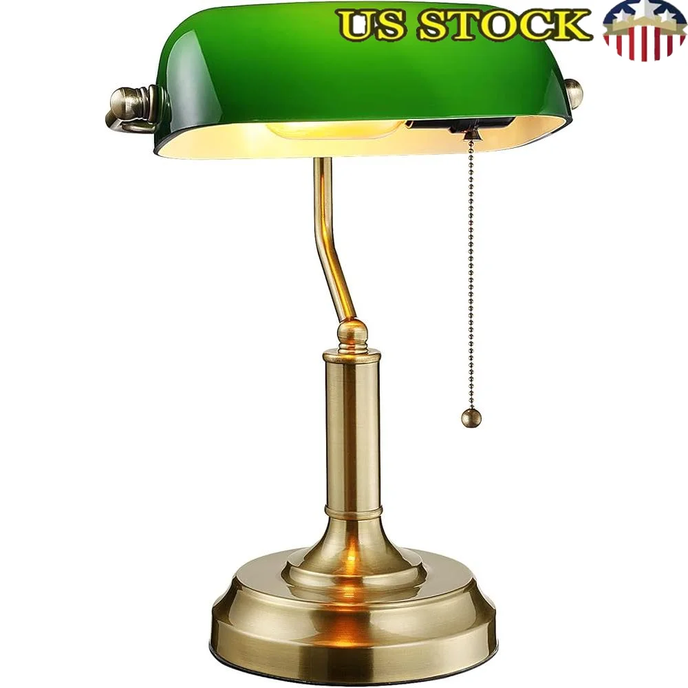 

Antique Glass Bankers Desk Lamp with Brass Base E26 Pull Chain Vintage Library Lighting UL Listed Rotatable Shade 350°
