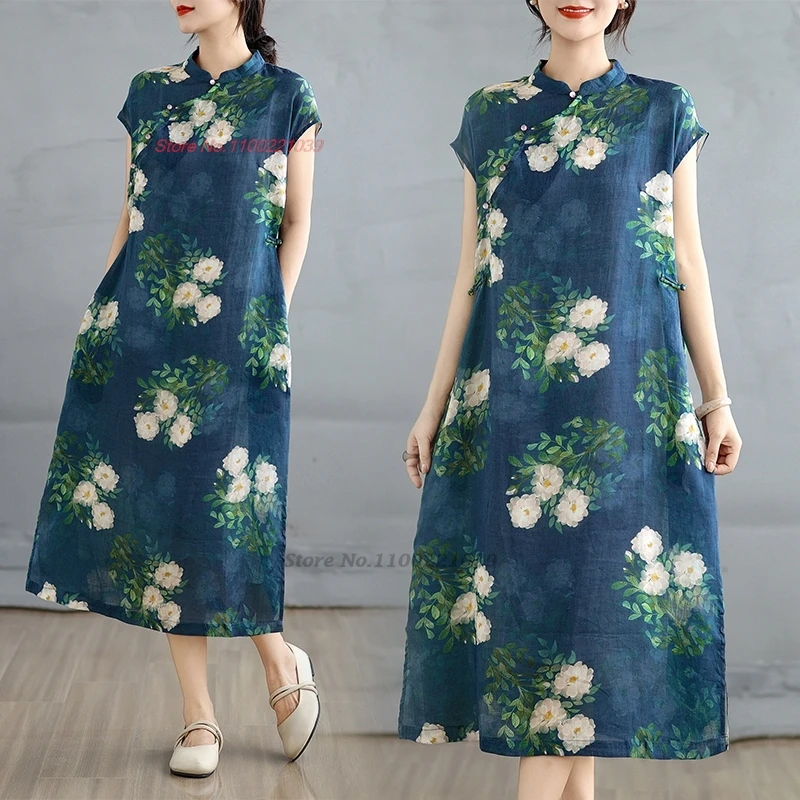 

2025 chinese vintage dress national flower print a-line dress cheongsam improved qipao dress traditional folk dress streetwear