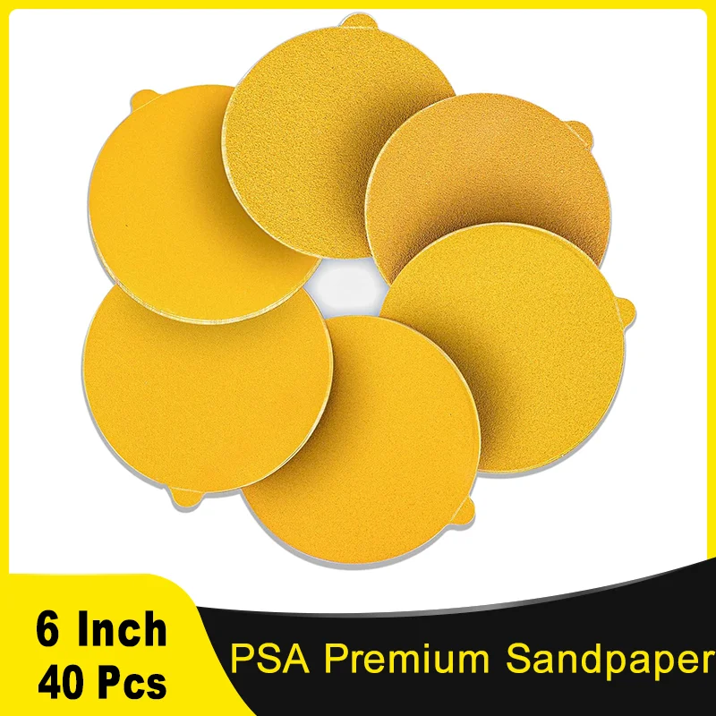 6Inch 150MM 100Pcs Premium Gold PSA Sanding Discs Kit 60-400 Grit Self Adhesive Sandpaper Discs for Sanding Pads Sand Automotive