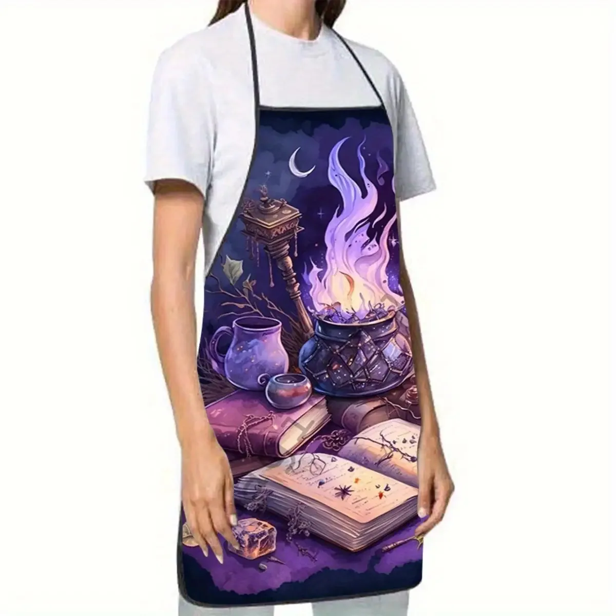 1pc, 2d Flat Printing Halloween Themed Apron in a Witchcraft Design Containing a Pot and Spell Book in a Deep Purple