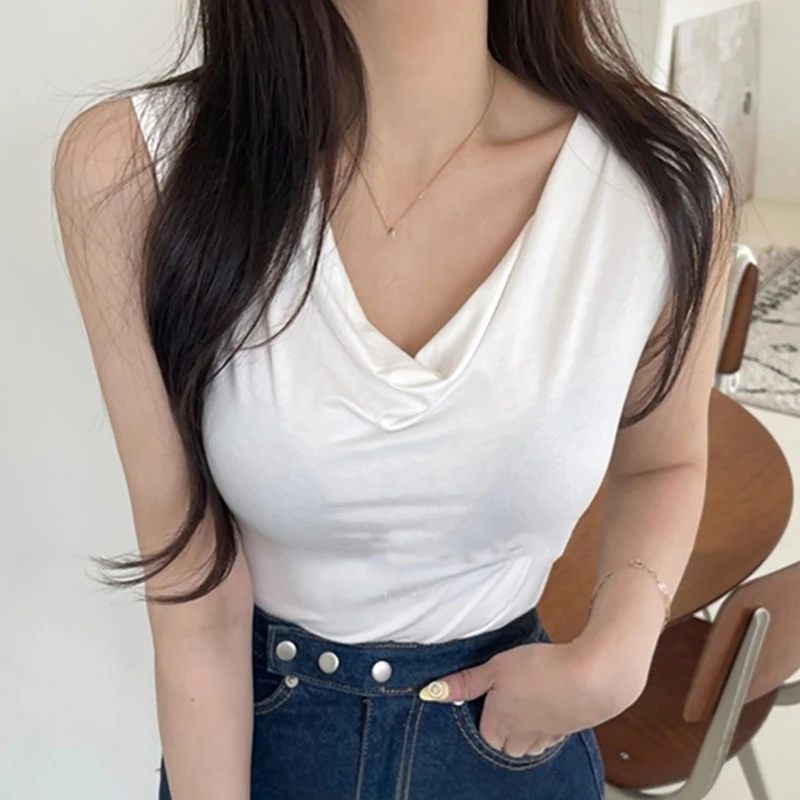 V-Neck Crop Top T Shirt Women Vest 2024 New Summer Tops Slim Sleeveless T Shirts Womens Clothing Tee Shirt Femme Camisetas Mujer