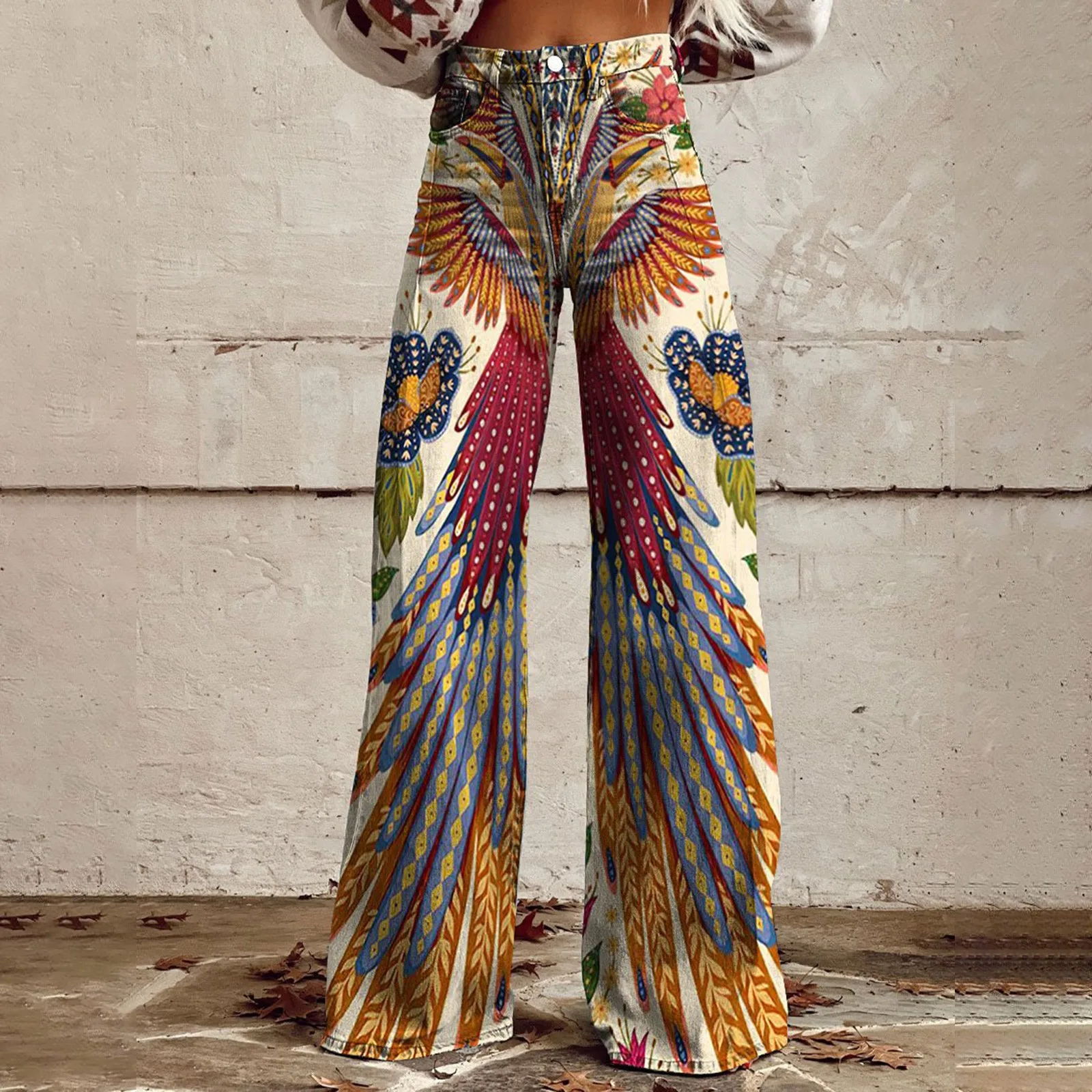 Vintage Printed Women Pants Autumn Trousers Casual Wide Leg Pants Vintage Boho High Waist Flare Pants Long Pantalones