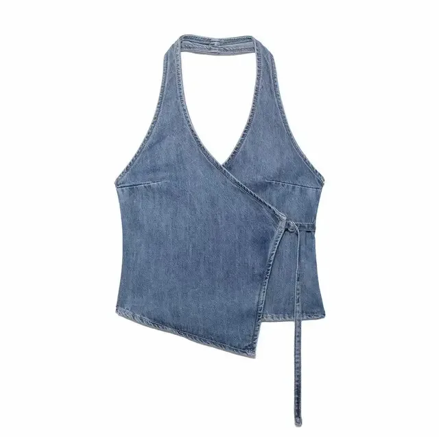 New Woman Summer Fashion Solid Sleeveless Backless Denim Halter Neck Top Female Sexy Asymmetry High Street Lace Up Tops Mujer