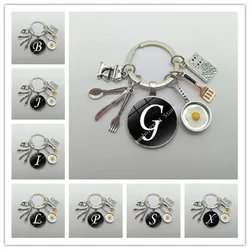 New Cooking Keychain Home Cooking Key Ring A-Z Round Glass Dome Cabochon Pendant Tableware Key Ring For Chef Gifts Jewelry