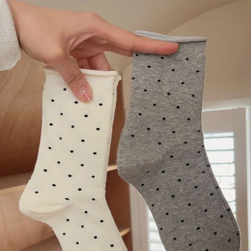 6 أزواج من الجوارب النسائية ذات الحافة المدرفلة من القطن الخالص منتصف أنبوبية لربيع وخريف ماصة للعرق ومقاومة للرائحة جوارب غير رسمية