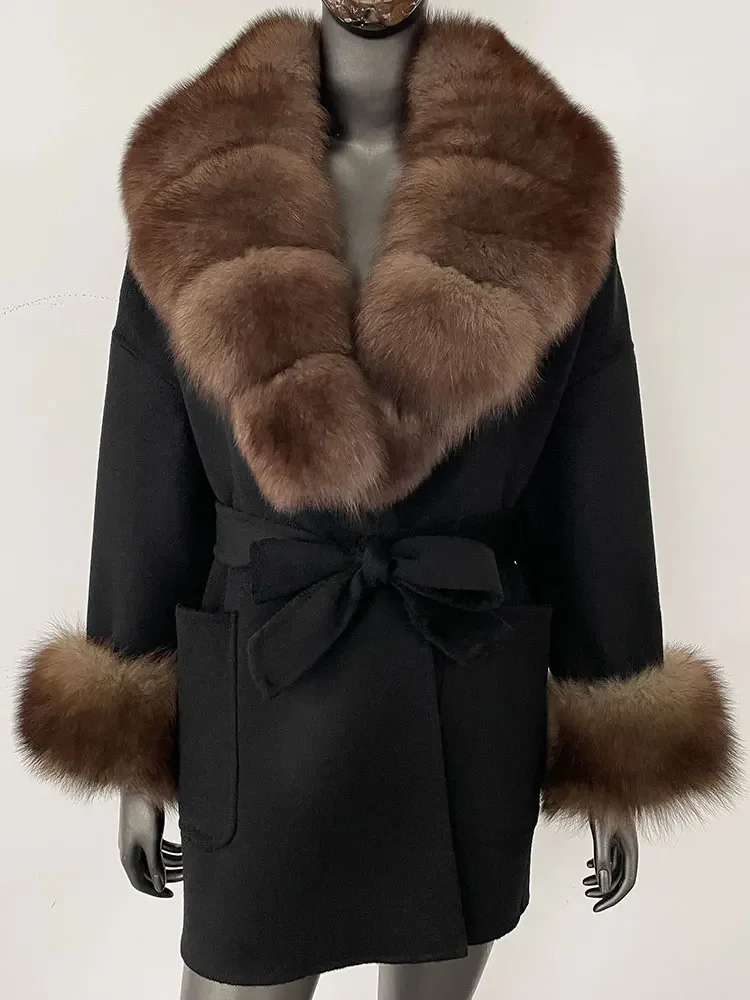 MENINA 2025 Winter Fashion Double-sided Cashmere Coat with Detachable Fox Fur Collar Women Casual Lace-up Wool Genuine Fur Coat