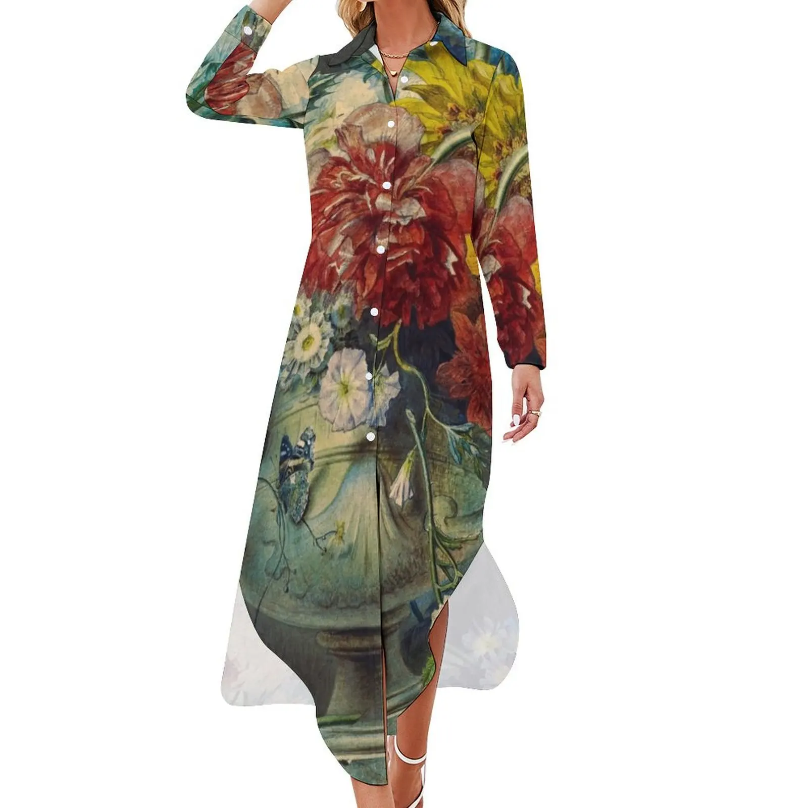 

Bouquet of Flowers in a Vase by Georgius Jacobus Johannes van Os Long Sleeved Shirt Dress summer women's suit