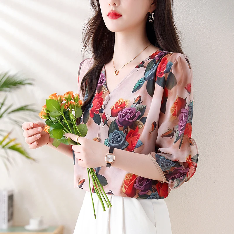 2024 New Autumn Women Tops New Fashion Silk Chiffon Blouse V-neck 3/4 Sleeve Casual Ruffles Floral Printed Shirt