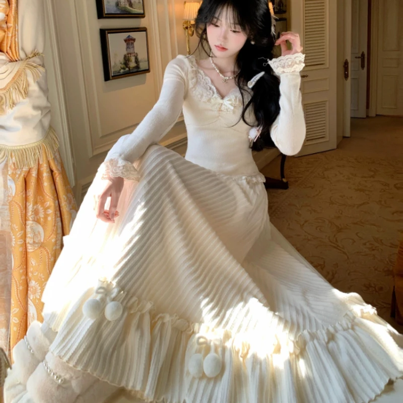 الشتاء الحلو أنيقة متماسكة 2 قطعة مجموعات امرأة Y2k مثير الدانتيل تصميم لطيف معطف شتاء دعوى الإناث الأميرة الكورية الملابس الشعبية #1