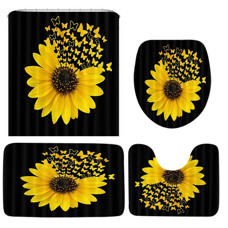 

Sunflower Pattern Shower Curtain Set Toilet Cover Rug Carpets Non-Slip Kitchen Bath Mat Bathroom Set Decoration