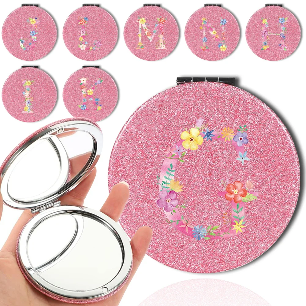 

Women Shiny Double-Sided PU Makeup Mirror Portable Pocket Mirror Magnify Galss Folding Beauty Cosmetic Tool Pink Letter Pattern