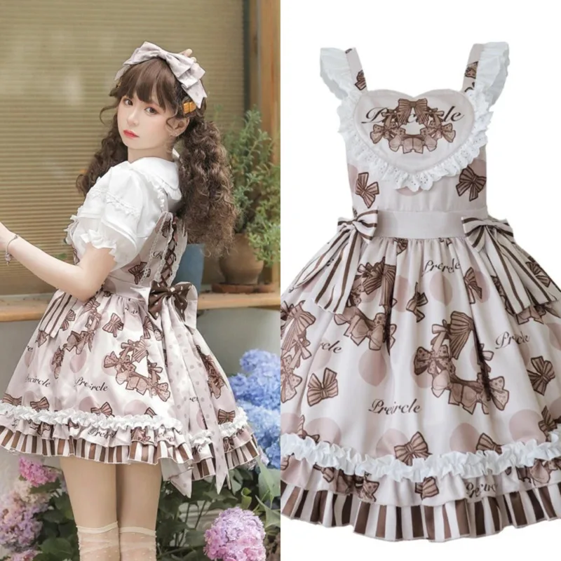 

Bow Chocolate Wreath Dresses Kawaii Y2K Original Lolita Print A-Line Dresses Sweet Cute Strap Skirt Lolita Fashion Outfit New