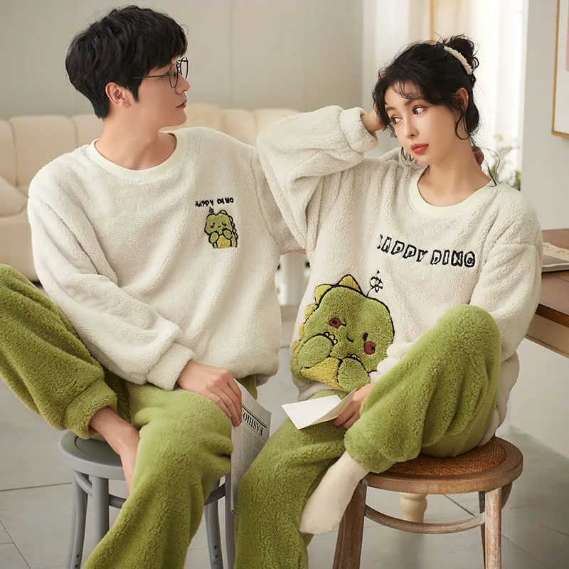 Winter Couple Pajamas Set Women Men Plush Soft Thicken Pyjamas Sleepwear Korean Loose Homewear Cartoon Bear Pyjamas Suit