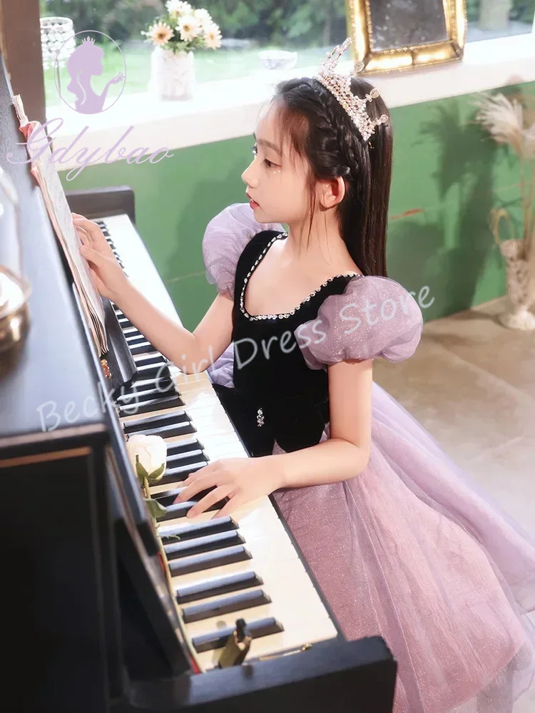 فساتين فتاة الزهور الفاخرة المخصصة لحفلات الزفاف اللامعة مع فيونكة بطول الركبة وحفلات الأميرة الرسمية والولائم