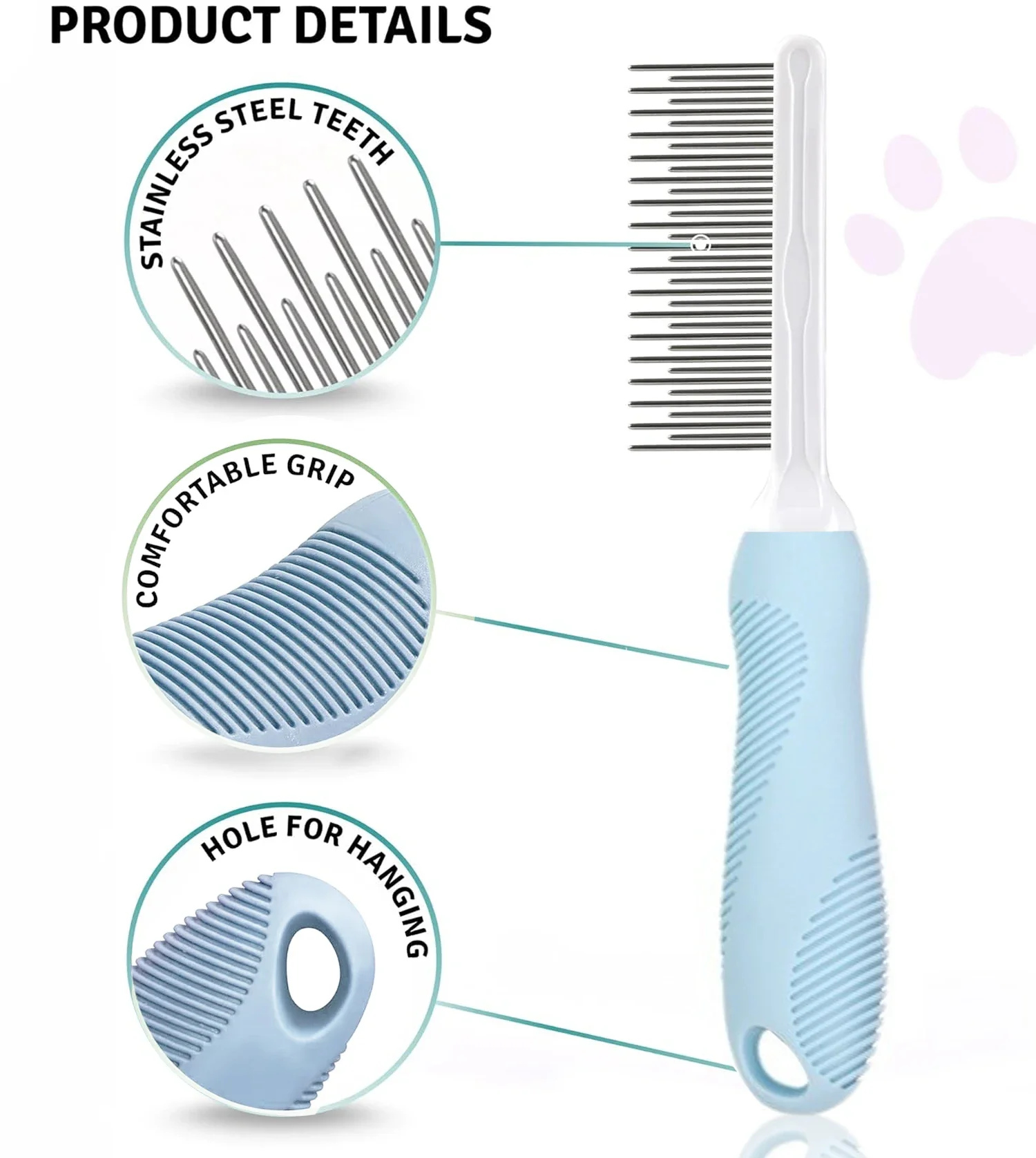 Poodle Detangling Pet Comb with Long & Short Stainless Steel Teeth for Removing Matted Fur, Knots & Tangles for Dog Cat Grooming