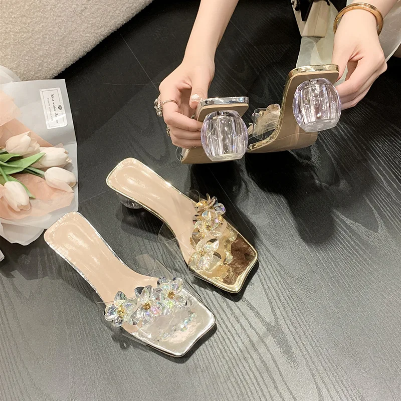 

2023 Women Summer 4.5 High Heels Slides Mules Lady Cinderella Crystal Diamond Transparent Slippers Sandals Clear Heels PVC Shoes