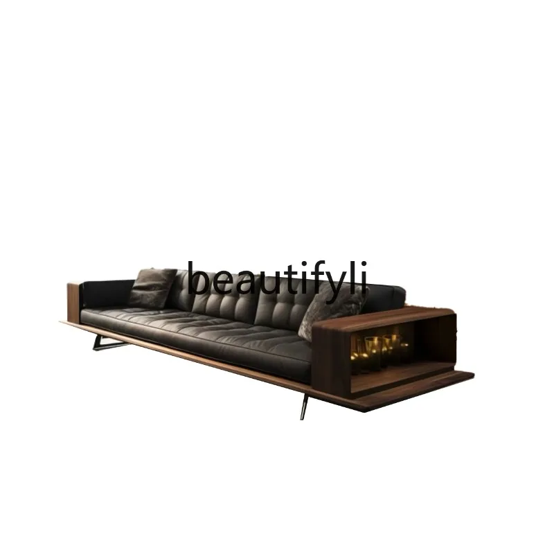 

New Chinese leather sofa black walnut all solid wood living room light luxury high sense