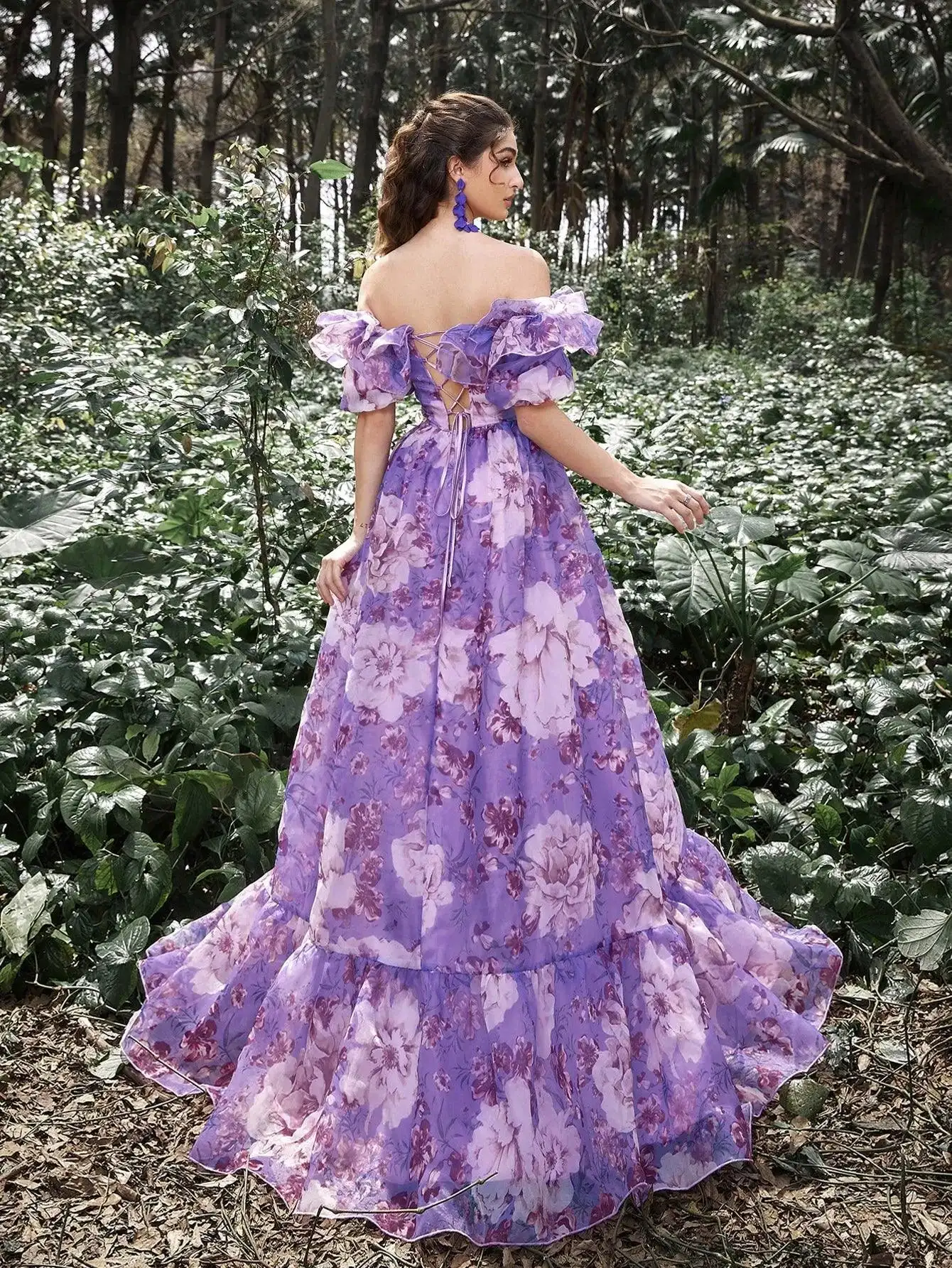 Elegant Ruffle Trim Off Shoulder Floral Organza Prom Dress