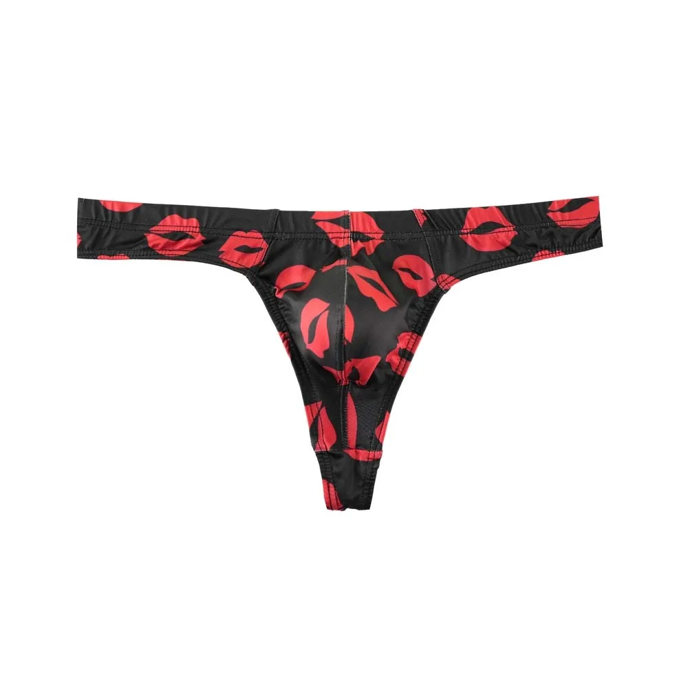 

Comfortable Ice Silk Men Lip Pattern Thongs with Mouth Print Low Waisted Men's Panties T-back Red Lip Male Briefs Male