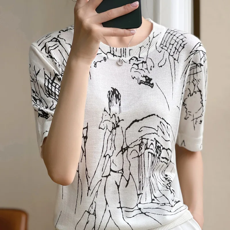 Summer Short-Sleeved Printed Knitted Sweater Women\'s Merino Worsted Wool Loose Round Neck Ultra-Thin Graffiti T-Shirt Top XZ TYT