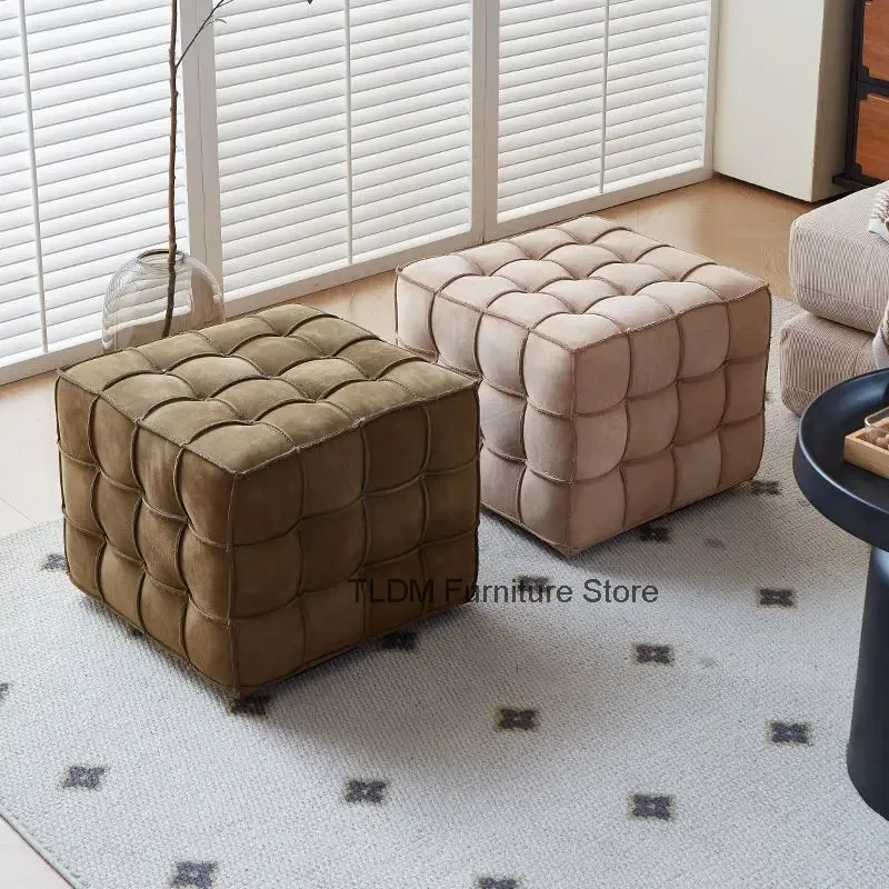 Hand Stitched Grid Cube Ottoman Stool, Square Tufted Block Padded Upholstered Footrest Minimal Accent Seat for Living Room