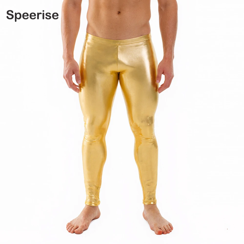 

Speerise Men Silver Shiny Metallic Legging Dance Stage Halloween Pants Skinny Leggings Costume for Adult Full Length Trousers
