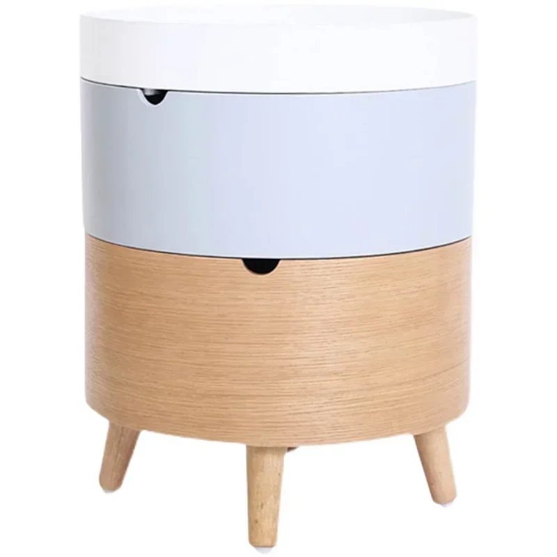 -wooden circular small coffee table, bedroom, living room, multifunctional three-layer bucket, bedside storage cabinet