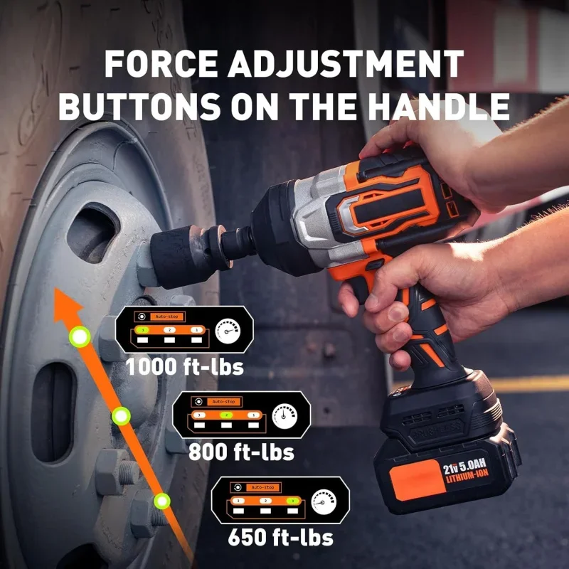 Electric Impact Gun, Torque Wrench 1/2 Inch Drive, 2 X 5.0Ah Batteries Brushless Impact Wrench With Fast Charger