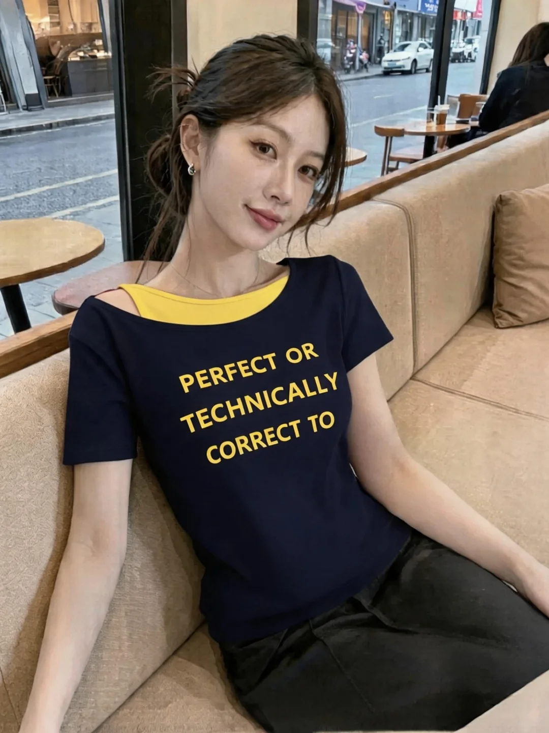 Slimming Design Sense Shoulder Bared Short Sleeve T Shirt Women Summer 2026 Large Size Fat MM Printed Letter Base Shirt