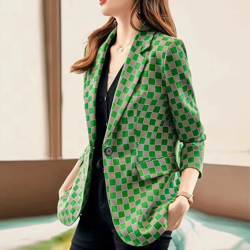 Blazer de celosía empalmado con botones y solapa para mujer, ropa informal de gran tamaño, Tops de oficina, 2023