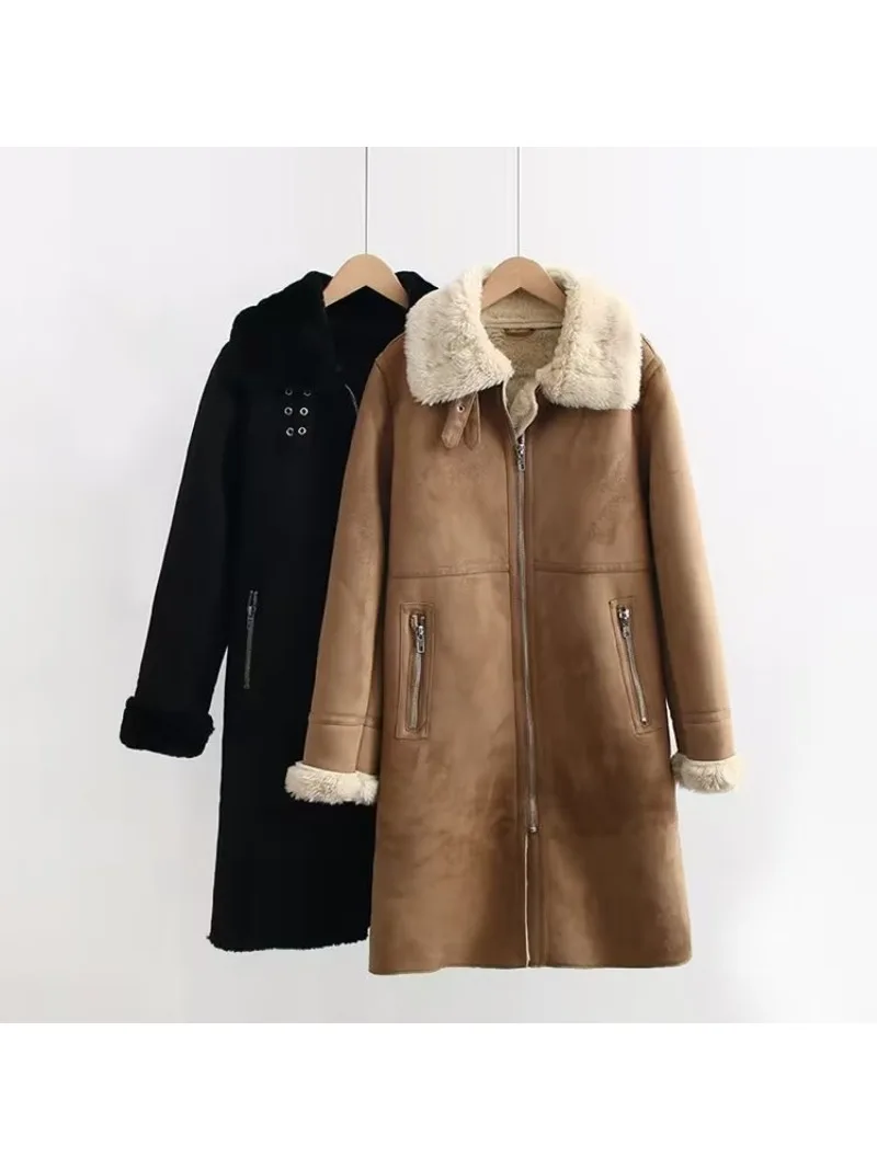 

Women's Clothing Autumn and Winter New Motorcycle Fur Integrated Long Warm Cotton Jacket with Lapel Coat for Women