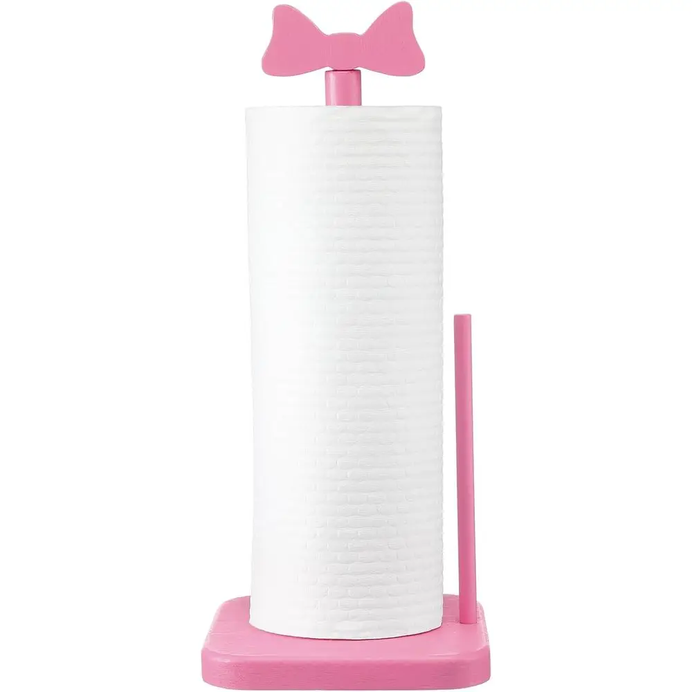 

Elegant Pink Bow Wooden Paper Towel Holder for Bathroom and Kitchen, Cute Countertop Roll Stand Organizer