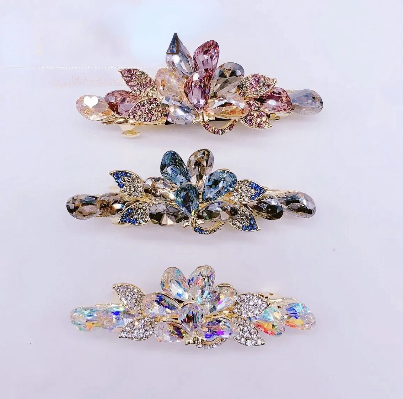 Spring New Girl Elegant Colorful Crystal Bow Spring Clip Sweet High Quality Wedding Gift Horsetail Clip Headpiece