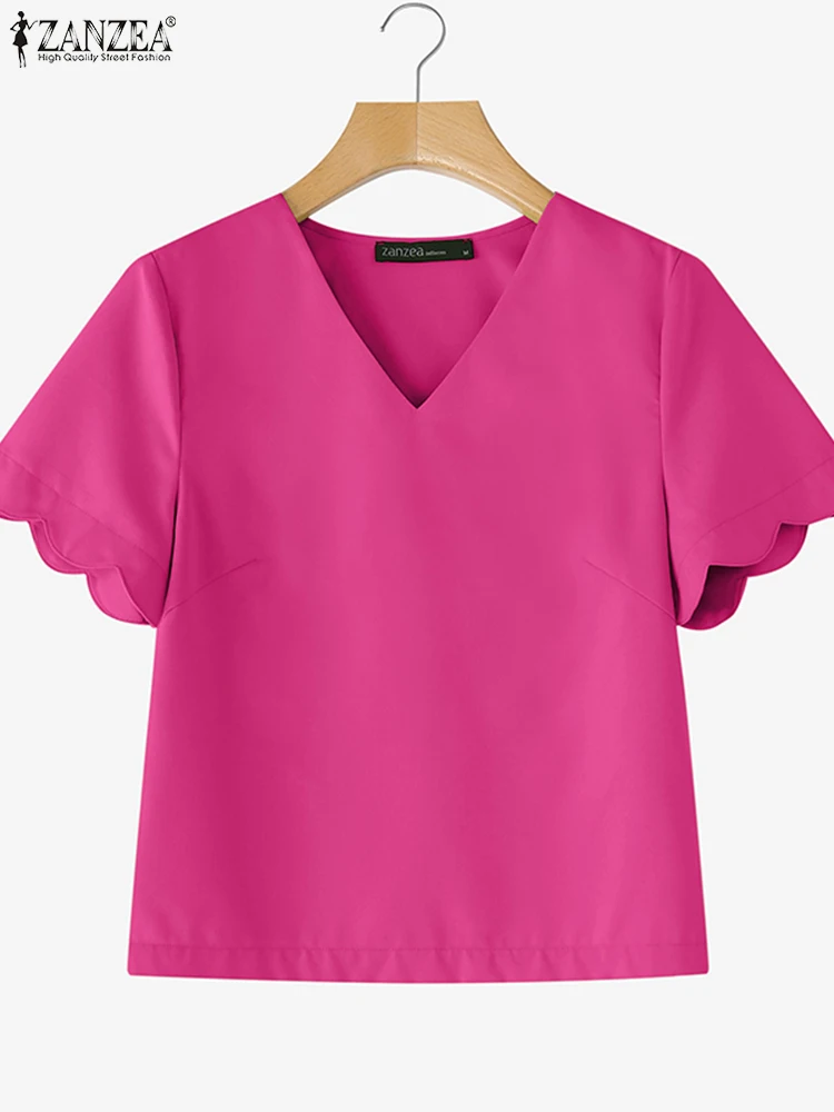 ZANZEA Zomer Vrouwen Elegante Blouse 2025, Mode Korte Bladerdeeg Mouwen Tuniek Tops Casual Losse Effen Kleur OL Blusas Femininas