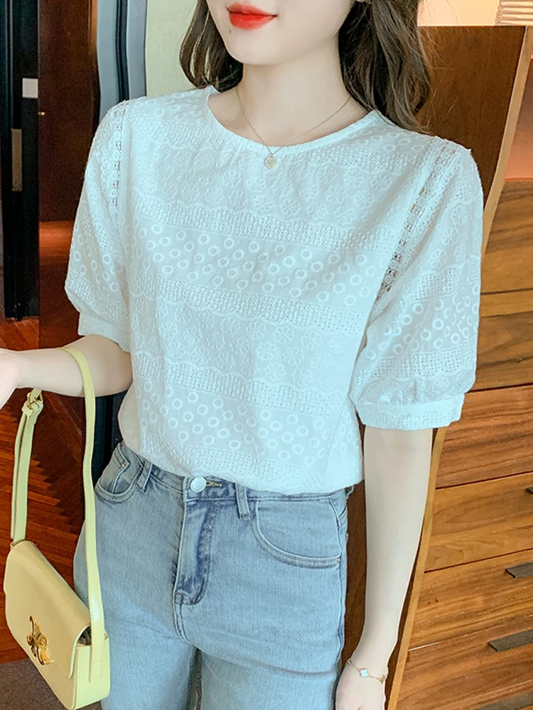 Summer Short Sleeve Blouse Women Blusas Mujer De Moda 2024 Verano O-Neck White Blouse Shirt Women Tops Blouses Femme Shirts E744