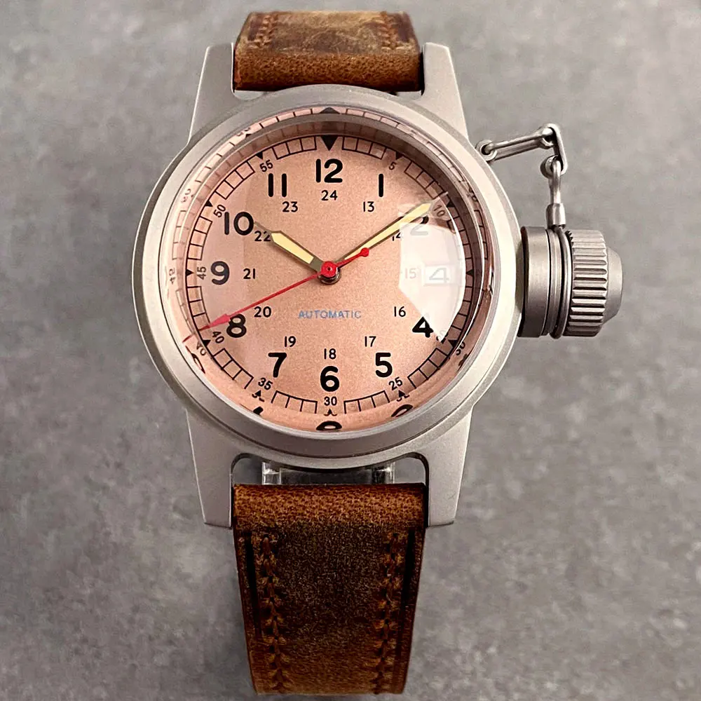 Reloj rosa de 36mm con corona grande luminoso NH35 automático para hombre y mujer, reloj de pulsera resistente al agua de 200m, correa de cuero con cristal de zafiro abovedado