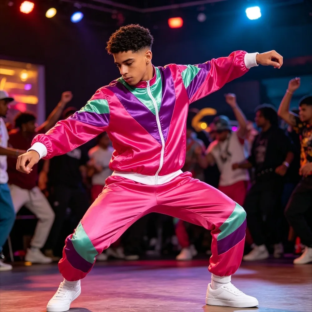 Traje Deportivo Estilo Break Dance de los 80 | Conjunto Deportivo Retro B-Boy, Chaqueta + Pantalones | Traje Fluorescente de Discoteca para Baile y Lucha